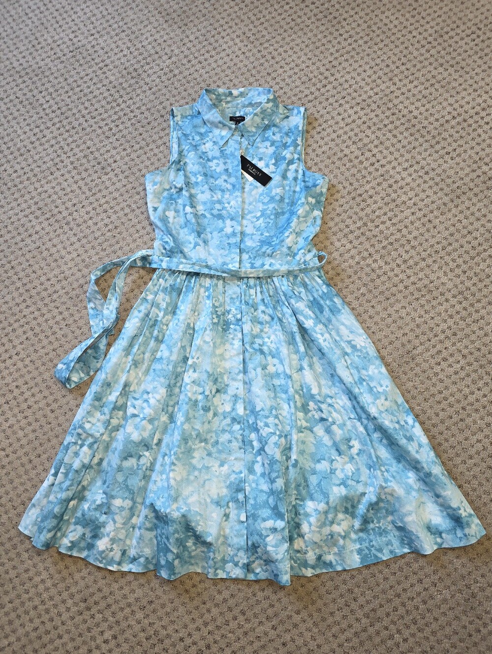Talbots Blue Watercolor Sleeveless Shirt Dress with Tie NWT!